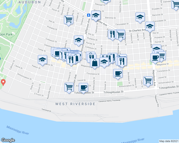 map of restaurants, bars, coffee shops, grocery stores, and more near 5253 Magazine Street in New Orleans