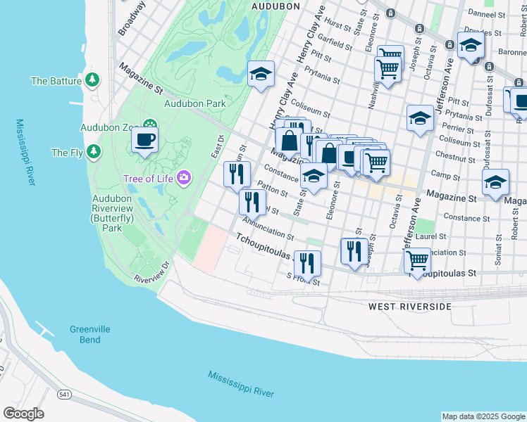 map of restaurants, bars, coffee shops, grocery stores, and more near 518 Webster Street in New Orleans