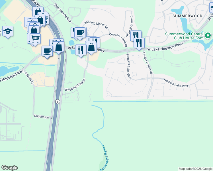 map of restaurants, bars, coffee shops, grocery stores, and more near 12918 Breezy Meadow Lane in Houston