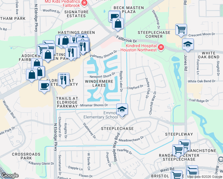 map of restaurants, bars, coffee shops, grocery stores, and more near 10122 Lazy Lagoon in Houston