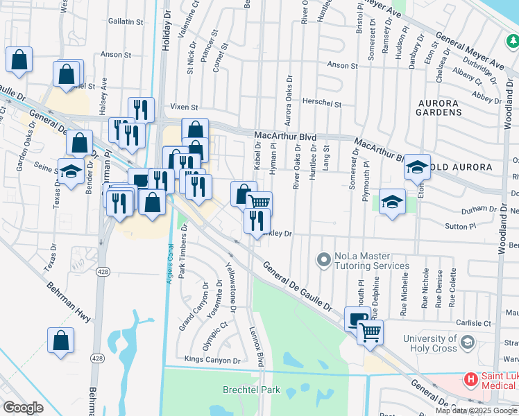 map of restaurants, bars, coffee shops, grocery stores, and more near 3301 Hyman Place in New Orleans