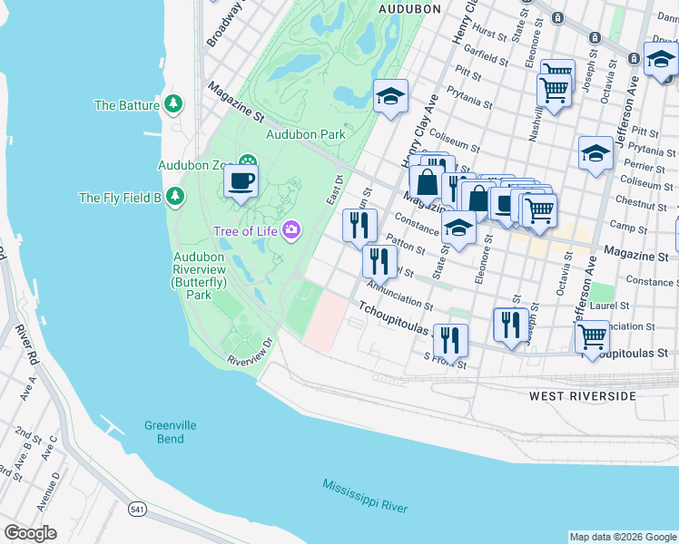 map of restaurants, bars, coffee shops, grocery stores, and more near 6321 Annunciation Street in New Orleans
