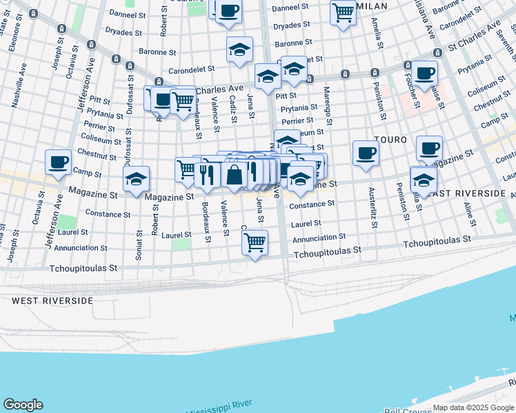 map of restaurants, bars, coffee shops, grocery stores, and more near 4528 Magazine Street in New Orleans