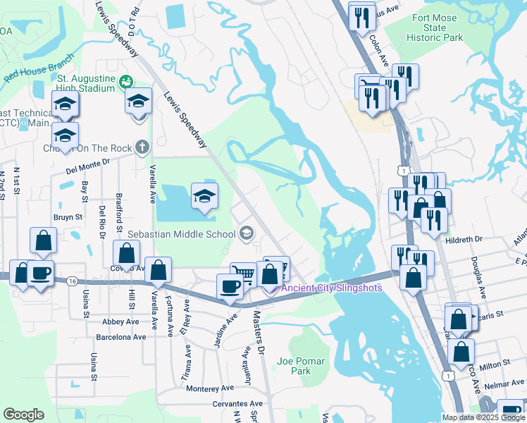 map of restaurants, bars, coffee shops, grocery stores, and more near 3000 Lewis Speedway in St. Augustine
