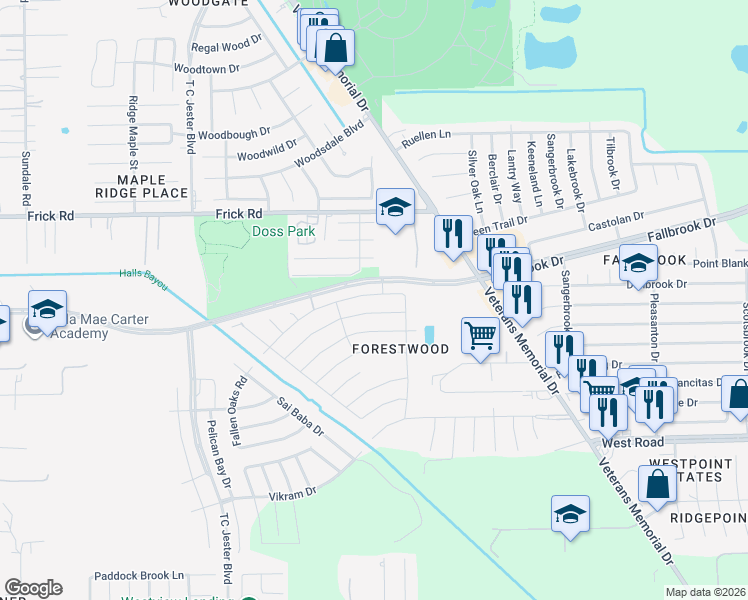 map of restaurants, bars, coffee shops, grocery stores, and more near 2122 Falling Oaks Road in Houston