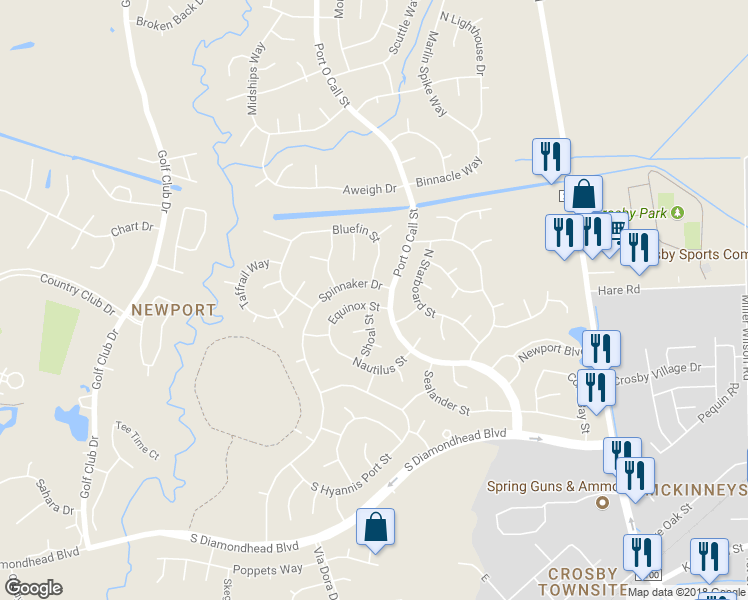 map of restaurants, bars, coffee shops, grocery stores, and more near 610 Equinox Street in Crosby
