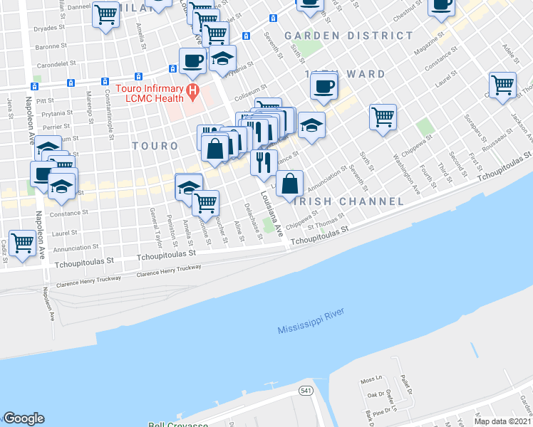 map of restaurants, bars, coffee shops, grocery stores, and more near 3426 Laurel Street in New Orleans