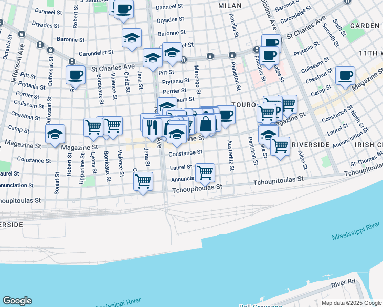 map of restaurants, bars, coffee shops, grocery stores, and more near 821 Milan Street in New Orleans