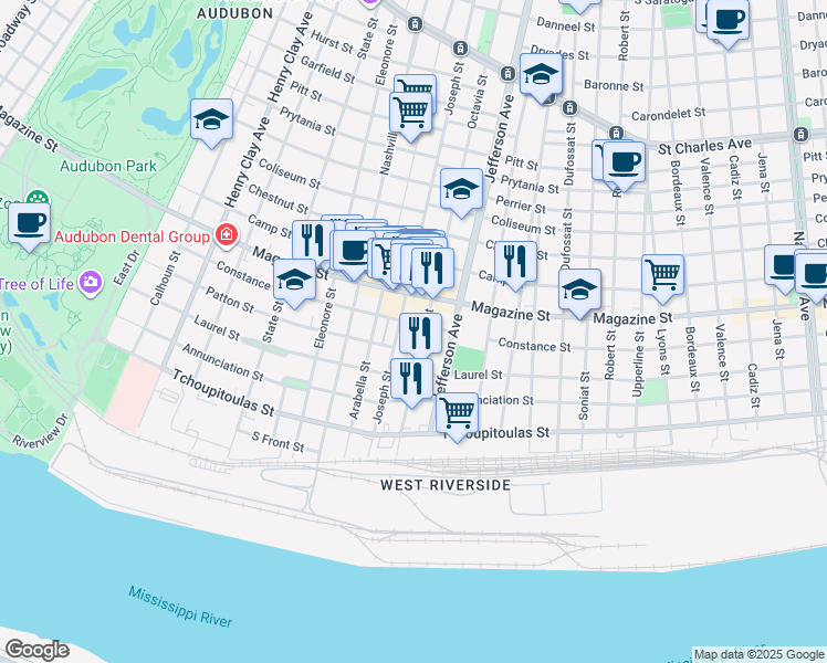 map of restaurants, bars, coffee shops, grocery stores, and more near 709 Joseph Street in New Orleans