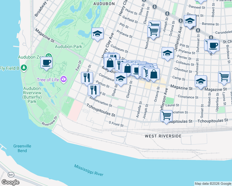 map of restaurants, bars, coffee shops, grocery stores, and more near 5951 Patton Street in New Orleans
