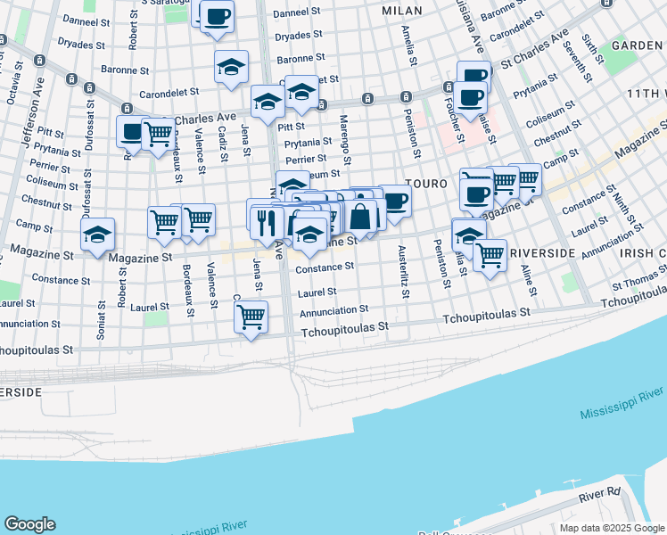 map of restaurants, bars, coffee shops, grocery stores, and more near Constance Street in New Orleans