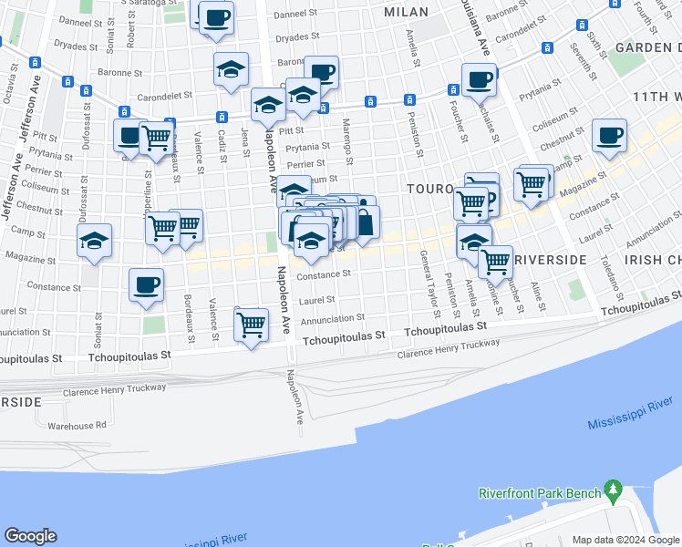 map of restaurants, bars, coffee shops, grocery stores, and more near 4132 Constance Street in New Orleans