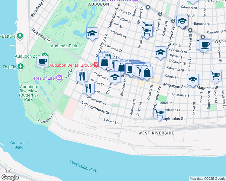 map of restaurants, bars, coffee shops, grocery stores, and more near 5951 Patton Street in New Orleans