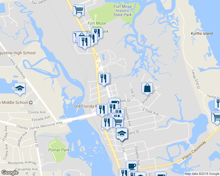 map of restaurants, bars, coffee shops, grocery stores, and more near 69 Bannan Avenue in Saint Augustine