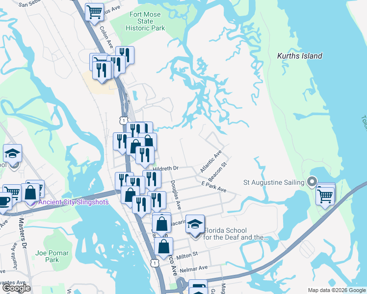 map of restaurants, bars, coffee shops, grocery stores, and more near 37 Oak Street in St. Augustine