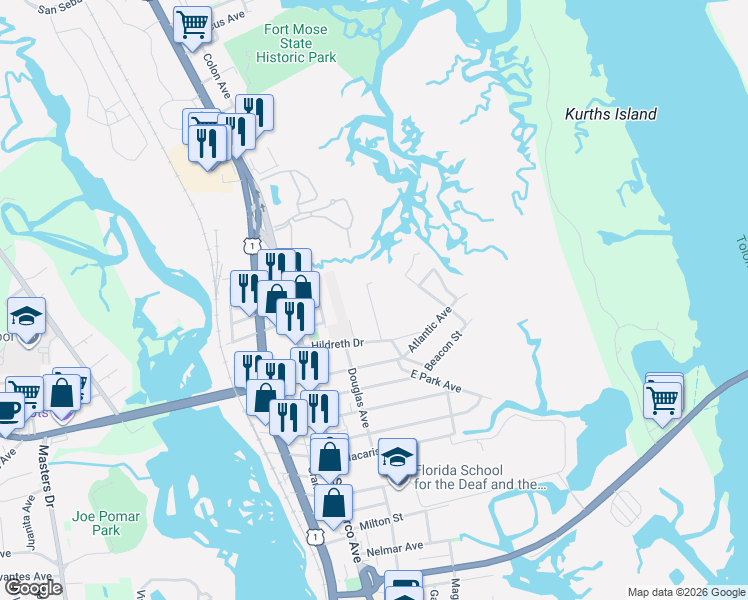 map of restaurants, bars, coffee shops, grocery stores, and more near 27 Oak Street in St. Augustine