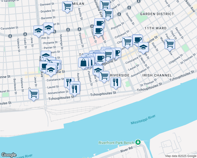 map of restaurants, bars, coffee shops, grocery stores, and more near 3649 Laurel Street in New Orleans