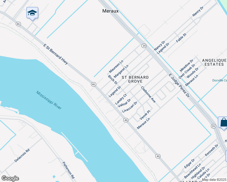 map of restaurants, bars, coffee shops, grocery stores, and more near 6206 Birch Street in Meraux