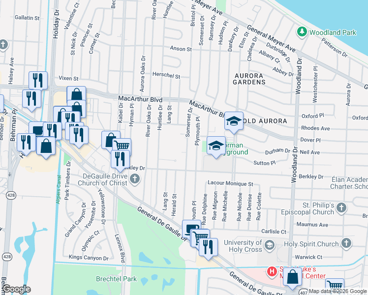 map of restaurants, bars, coffee shops, grocery stores, and more near 3327 Somerset Drive in New Orleans