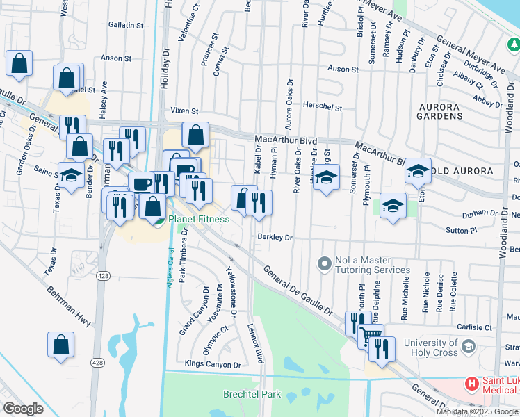 map of restaurants, bars, coffee shops, grocery stores, and more near 3301 Hyman Place in New Orleans