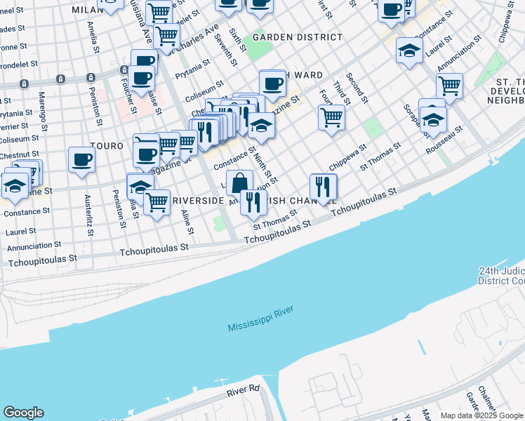 map of restaurants, bars, coffee shops, grocery stores, and more near 734 Pleasant Street in New Orleans