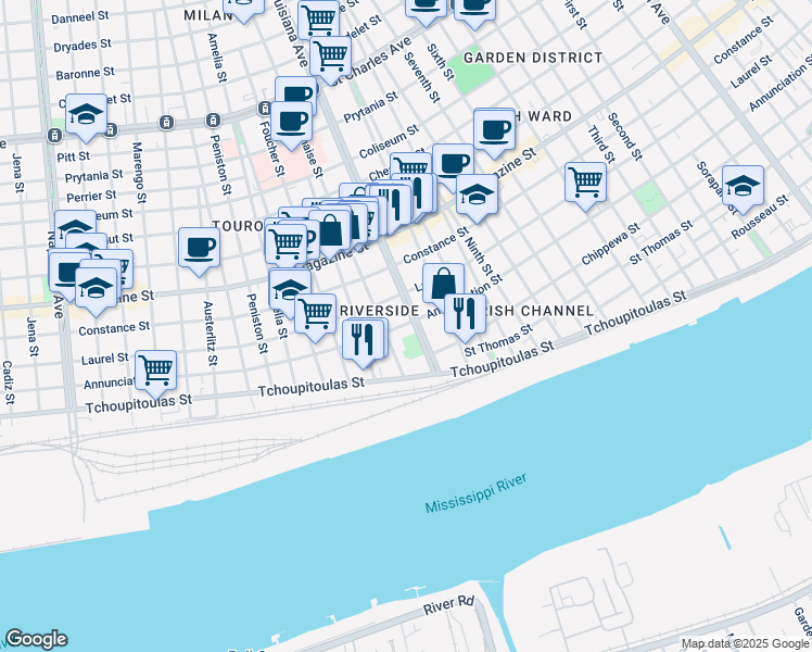 map of restaurants, bars, coffee shops, grocery stores, and more near 3426 Laurel Street in New Orleans