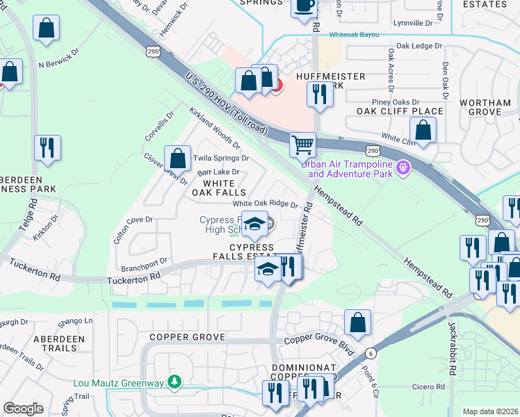 map of restaurants, bars, coffee shops, grocery stores, and more near 10002 Noisy Waters Drive in Houston