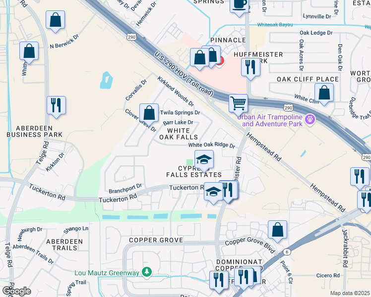map of restaurants, bars, coffee shops, grocery stores, and more near 10003 Rain Cloud Drive in Houston