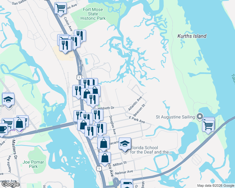 map of restaurants, bars, coffee shops, grocery stores, and more near 37 Oak Street in St. Augustine