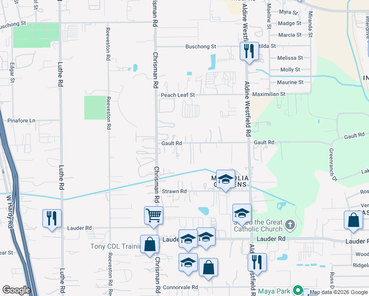 map of restaurants, bars, coffee shops, grocery stores, and more near 1618 Gault Road in Houston