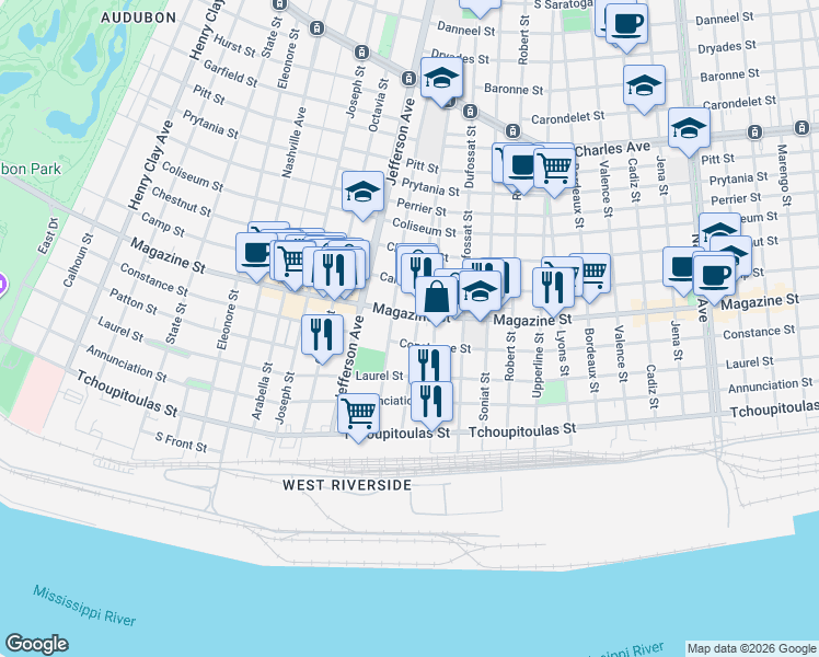 map of restaurants, bars, coffee shops, grocery stores, and more near 5253 Magazine Street in New Orleans