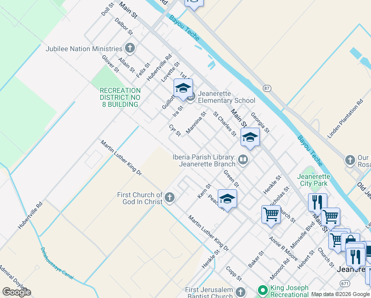 map of restaurants, bars, coffee shops, grocery stores, and more near 2110 Time St in Jeanerette