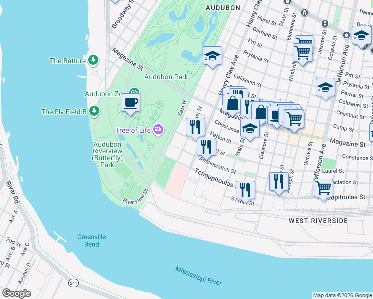 map of restaurants, bars, coffee shops, grocery stores, and more near 6321 Annunciation Street in New Orleans
