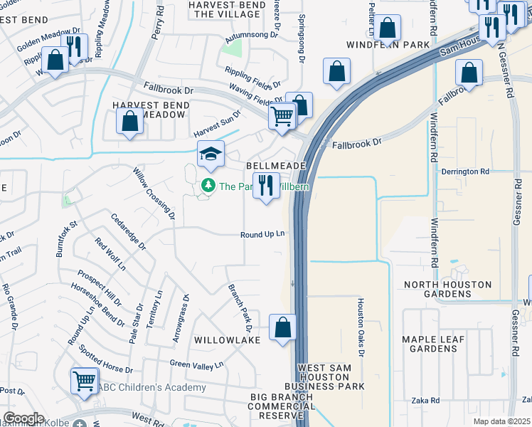 map of restaurants, bars, coffee shops, grocery stores, and more near 10613 West Sam Houston Parkway North in Houston