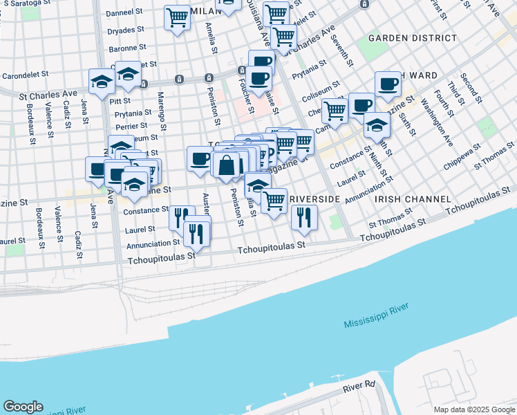 map of restaurants, bars, coffee shops, grocery stores, and more near 3649 Laurel Street in New Orleans