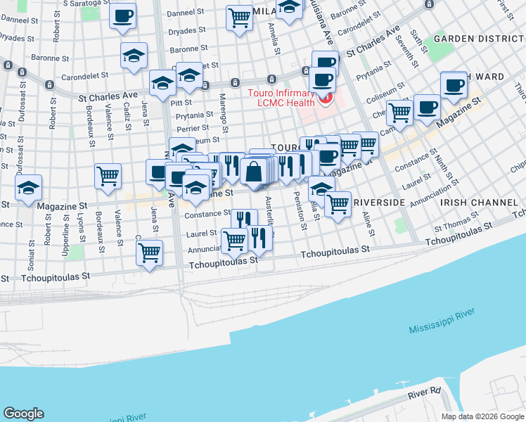 map of restaurants, bars, coffee shops, grocery stores, and more near 812 Austerlitz Street in New Orleans