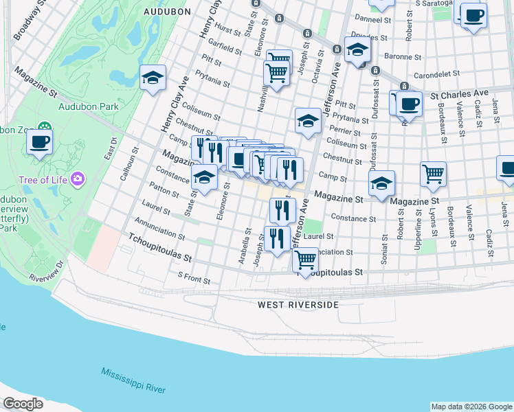 map of restaurants, bars, coffee shops, grocery stores, and more near 5704 Constance Street in New Orleans