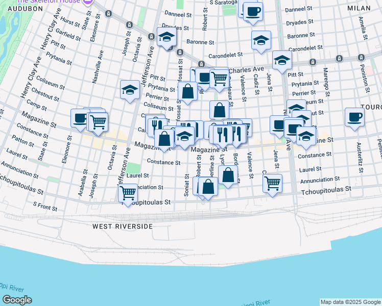 map of restaurants, bars, coffee shops, grocery stores, and more near 5015 Magazine Street in New Orleans