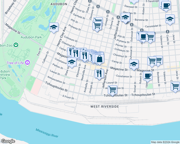 map of restaurants, bars, coffee shops, grocery stores, and more near 5704 Constance Street in New Orleans