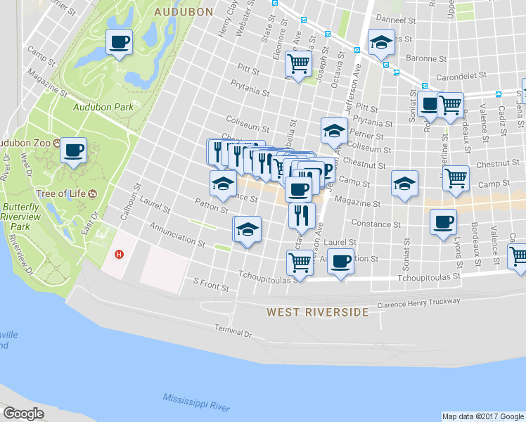 map of restaurants, bars, coffee shops, grocery stores, and more near 5704 Constance Street in New Orleans
