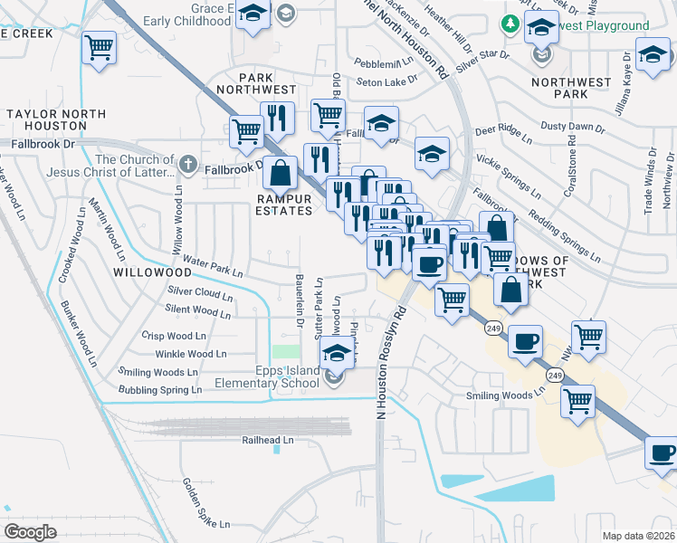 map of restaurants, bars, coffee shops, grocery stores, and more near 9575 Sutter Park Lane in Houston