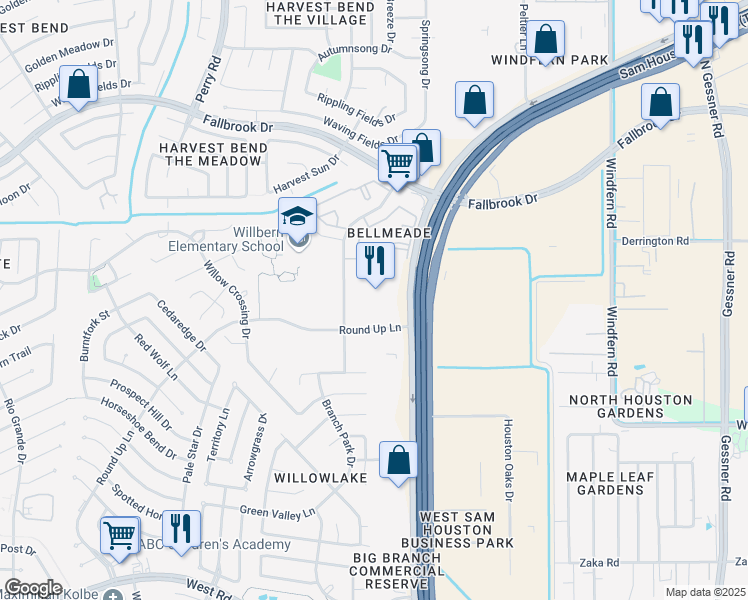 map of restaurants, bars, coffee shops, grocery stores, and more near 10713 West Sam Houston Parkway North in Houston