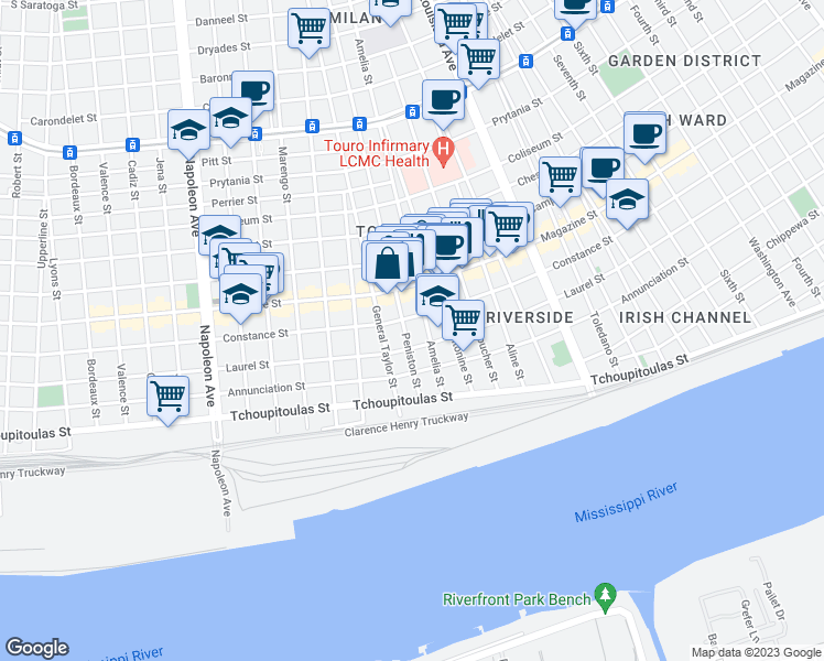 map of restaurants, bars, coffee shops, grocery stores, and more near 3702 Constance Street in New Orleans