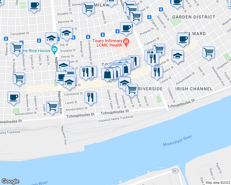 map of restaurants, bars, coffee shops, grocery stores, and more near 924 Amelia Street in New Orleans