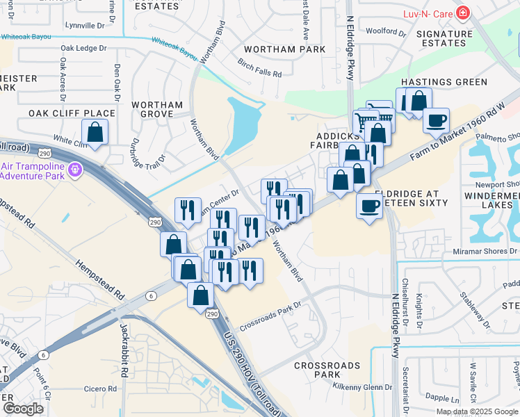 map of restaurants, bars, coffee shops, grocery stores, and more near 10230 Wortham Boulevard in Houston