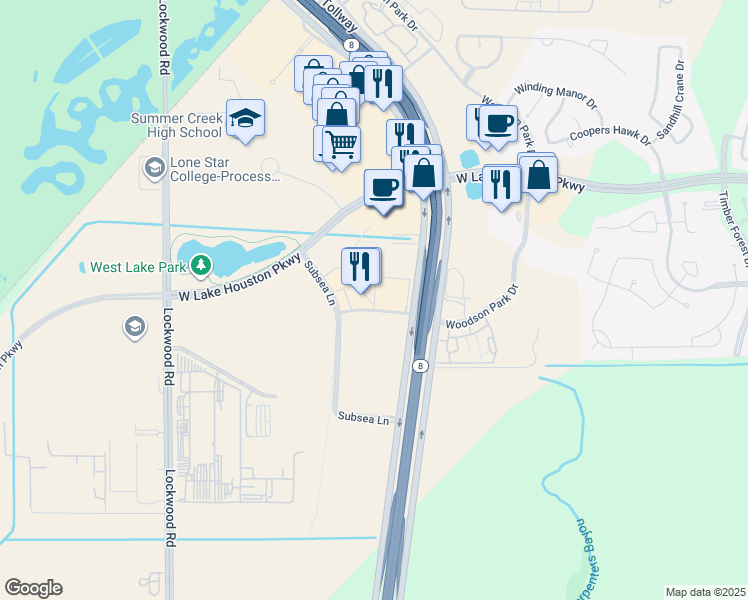 map of restaurants, bars, coffee shops, grocery stores, and more near 255 Assay Street in Houston