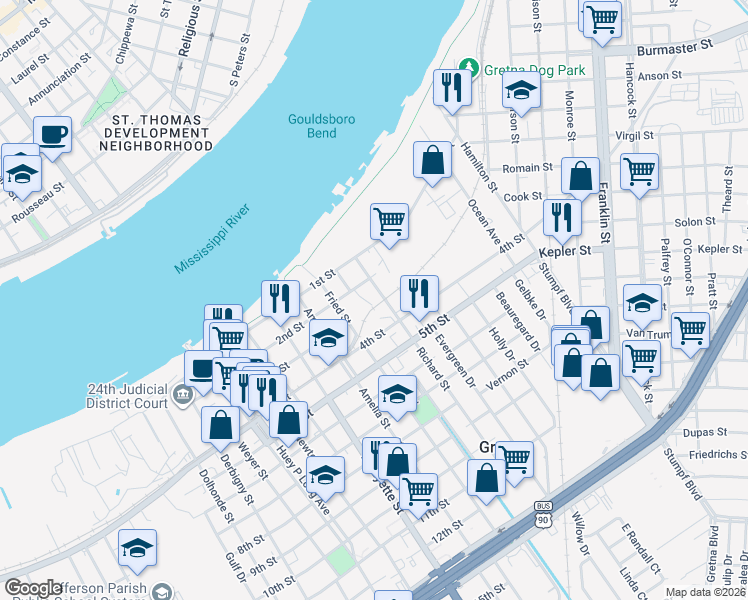 map of restaurants, bars, coffee shops, grocery stores, and more near 223 Governor Hall Street in Gretna