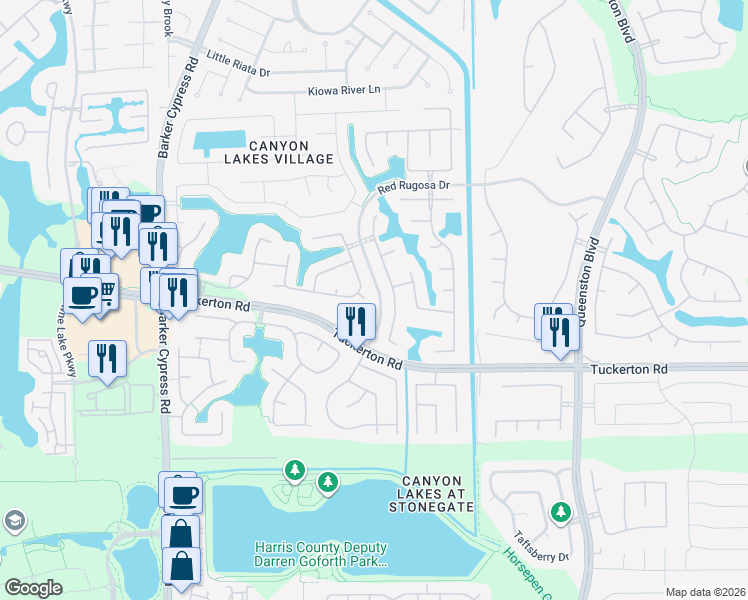 map of restaurants, bars, coffee shops, grocery stores, and more near 17110 Caldera Canyon Drive in Houston