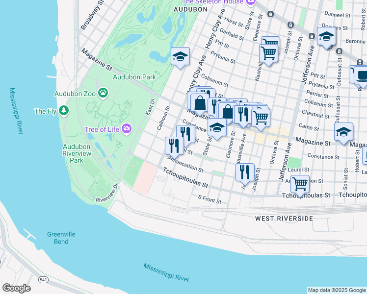 map of restaurants, bars, coffee shops, grocery stores, and more near 518 Webster Street in New Orleans