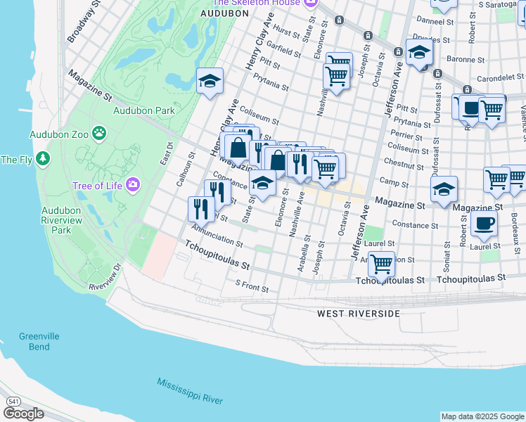 map of restaurants, bars, coffee shops, grocery stores, and more near 5951 Patton Street in New Orleans